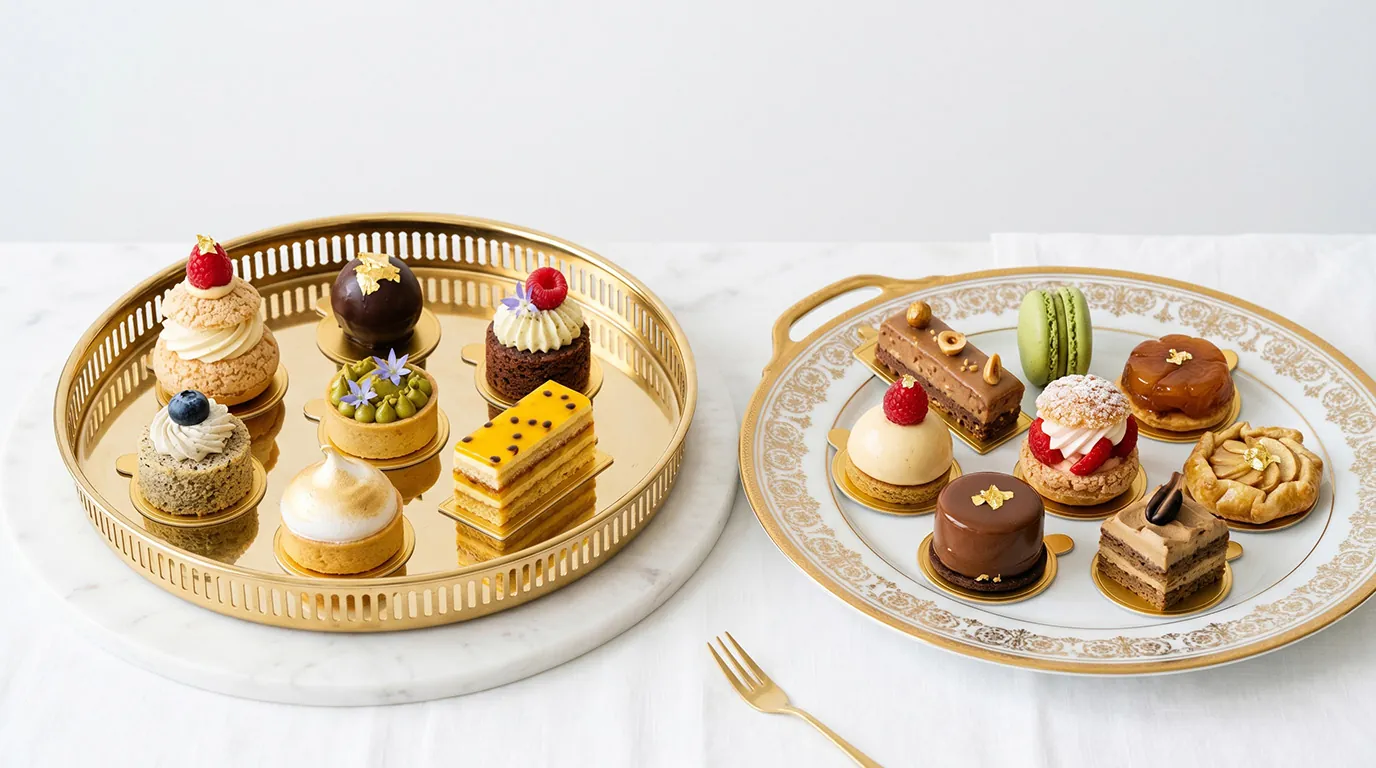 Pâtisseries fines présentées sur plateaux dorés